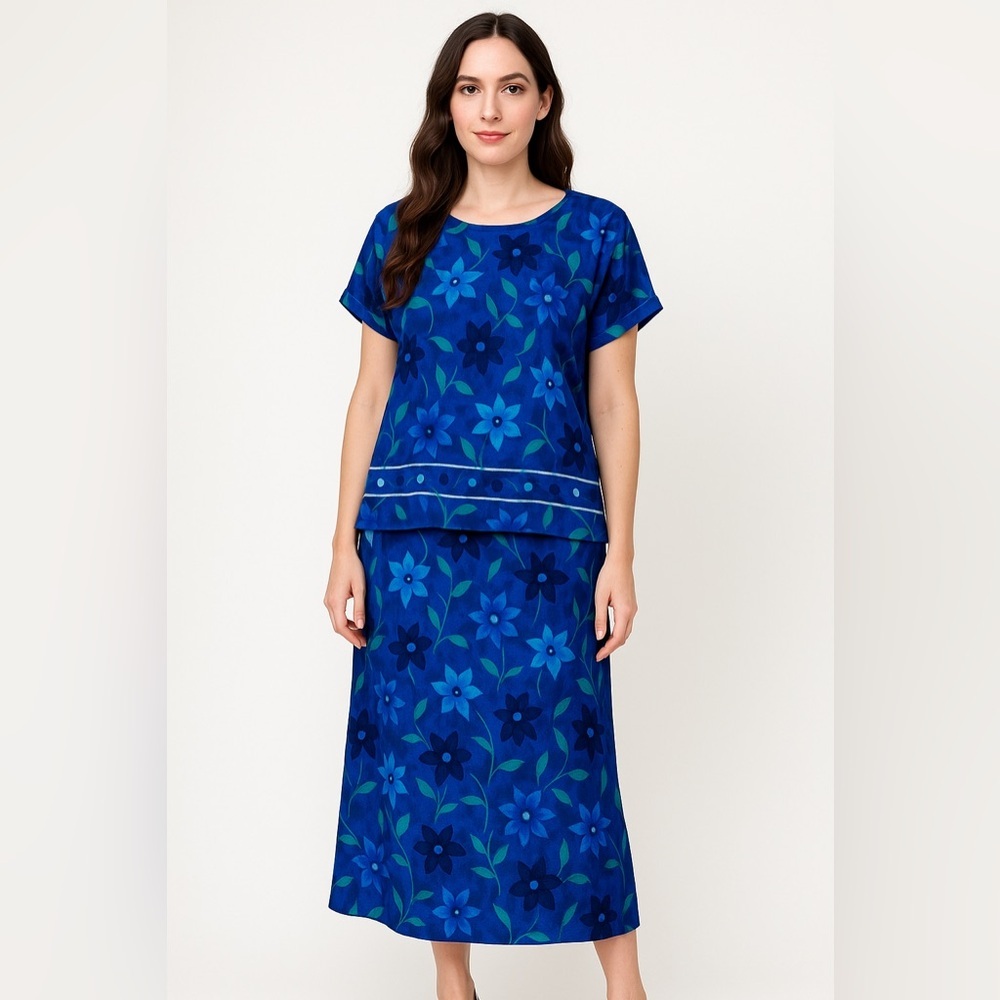 Vintage 80s Positive Attitude Size 10 Blue Floral Short Sleeve Maxi dress NWT